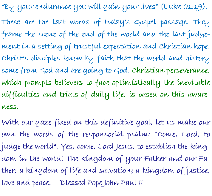 Text Box: �By your endurance you will gain your lives� (Luke 21:19). These are the last words of today�s Gospel passage. They frame the scene of the end of the world and the last judgement in a setting of trustful expectation and Christian hope. Christ�s disciples know by faith that the world and history come from God and are going to God. Christian perseverance, which prompts believers to face optimistically the inevitable difficulties and trials of daily life, is based on this awareness. With our gaze fixed on this definitive goal, let us make our own the words of the responsorial psalm: �Come, Lord, to judge the world�. Yes, come, Lord Jesus, to establish the kingdom in the world! The kingdom of your Father and our Father; a kingdom of life and salvation; a kingdom of justice, love and peace.  - Blessed Pope John Paul II
